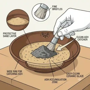 A labeled illustration demonstrating the easy-clean ash catcher function of a ceramic incense bowl, showing a brush cleaning the sand bed and wide rim.