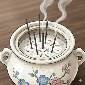 Close-up of a Japanese incense burner filled with white ash holding burning incense sticks during a meditation session.