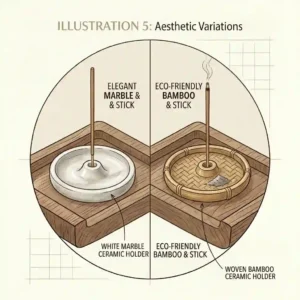 Illustration comparing different decor styles of incense trays including elegant white marble and eco-friendly bamboo.