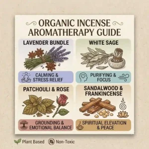 An aromatherapy guide illustration matching different organic incense scents, like white sage and patchouli, to their specific relaxation benefits.