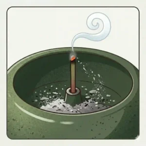Close-up illustration of a wide japanese incense holder catching falling ash from a burning stick