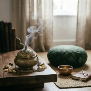 A serene meditation room setting featuring a lit antique brass incense burner to promote relaxation.