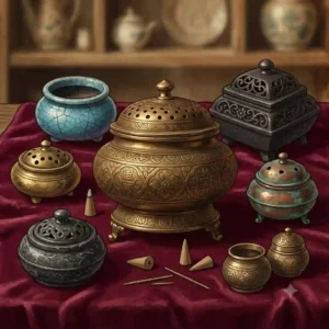 A collection of different antique and vintage incense burners arranged neatly on a velvet cloth.