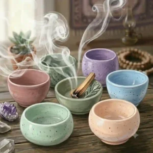 A collection of handmade pottery incense burner bowls displayed in various pastel colors and glazes.