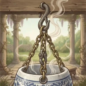 Close-up of the sturdy chain and hook mechanism of a heavy hanging incense burner.
