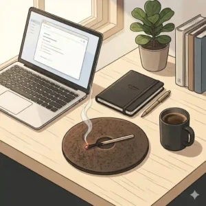 Minimalist office desk setup featuring a smoking hibi incense match to promote relaxation and focus while working.