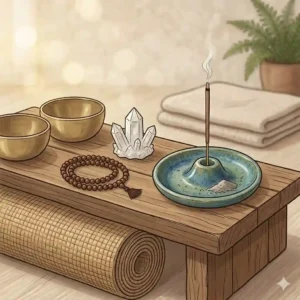 Digital illustration of a peaceful meditation corner featuring a burning incense tray next to a yoga mat and crystals.