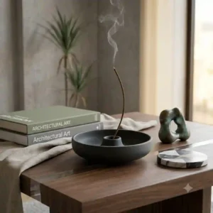 A sleek, matte black incense bowl with a contemporary geometric form is used as a centerpiece on a modern walnut coffee table with abstract decor.
