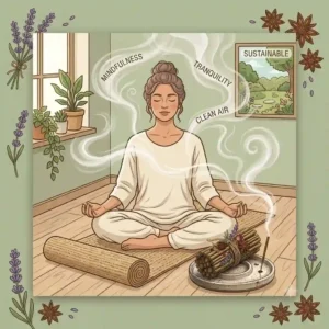 A serene vector illustration of a home yoga studio featuring a lit organic incense cone releasing gentle smoke near a yoga mat.