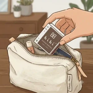 An illustration showing the compact, palm-sized packaging of Hibi incense matches easily sliding into a canvas travel pouch or everyday carry bag.