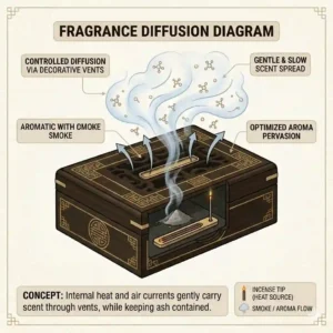 Conceptual illustration showing aromatic smoke gently wafting through the decorative lid of an incense box.