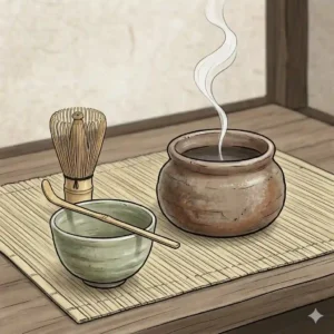 A small rustic Japanese incense burner placed next to a matcha whisk and tea bowl in a Zen tea room.