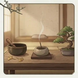A peaceful meditation setup featuring a japanese incense holder next to a singing bowl and a bonsai tree.