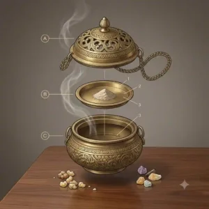 An exploded view showing the separate components of a three-part antique brass incense burner including the base, lid, and tray.