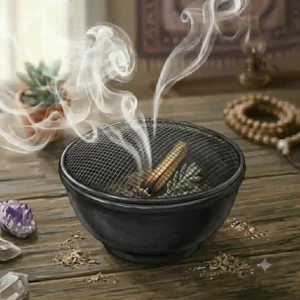 Black cast iron incense burner bowl with a removable mesh lid to safely catch falling ash.