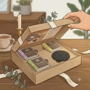 A beautifully wrapped gift box illustration opening to reveal a curated set of Japanese Hibi incense matches and a reusable burning pad.