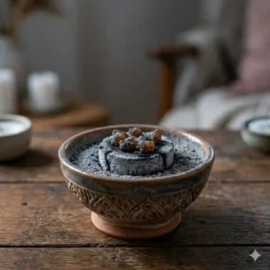 Spent, grey charcoal ash cooled completely inside a ceramic censer, demonstrating the safe conclusion of how to burn frankincense resin.