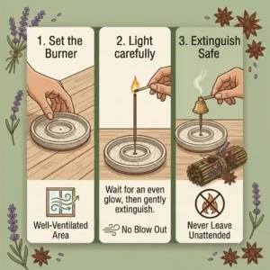 An instructional illustration demonstrating how to safely light and extinguish organic incense in a well-ventilated room.