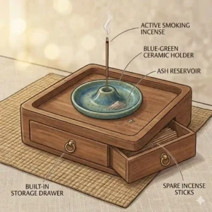 Line drawing illustration of a functional wooden incense tray featuring a built-in storage drawer for extra incense sticks.