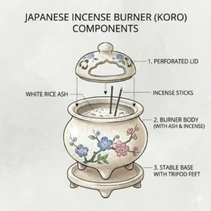 An illustrative diagram breaking down the lid, body, and base components of a traditional Japanese incense burner.