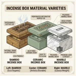Visual guide showcasing different material options including bamboo, ceramic, and marble incense box designs.