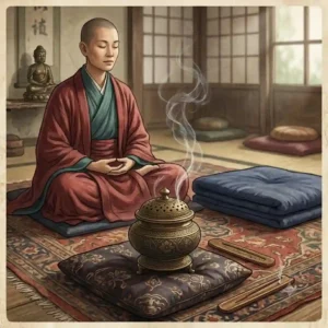 A smoking vintage incense burner used during a peaceful meditation session with a yoga mat in the background.