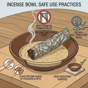 A safety graphic and illustration providing clear instructions for the safe use of an incense bowl, including ventilation and heat-resistant placement.