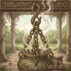 An ornate, traditional Asian-style hanging incense burner used during a spiritual ritual.