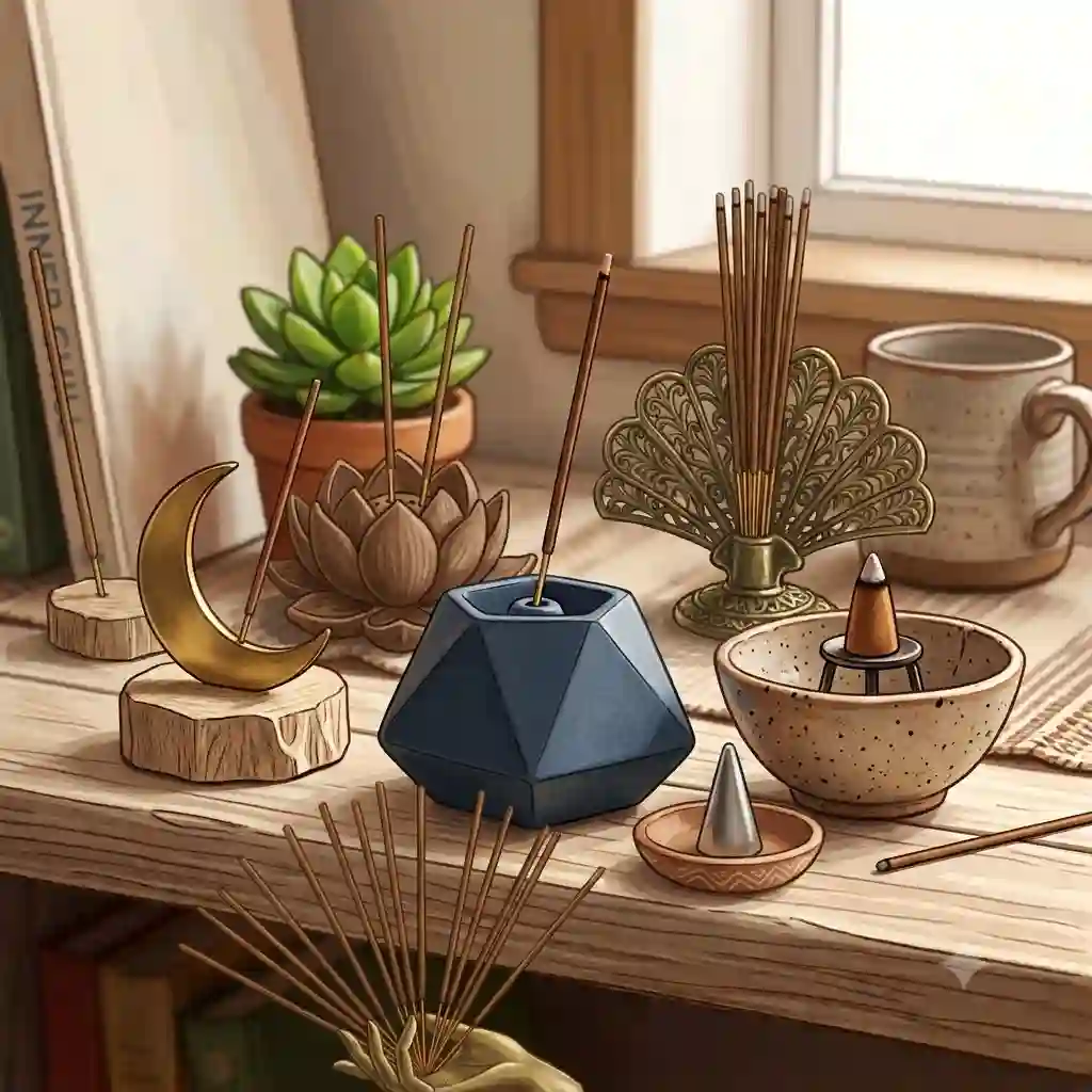 A curated collection of cool incense holders arranged on a modern wooden shelf next to a green houseplant.