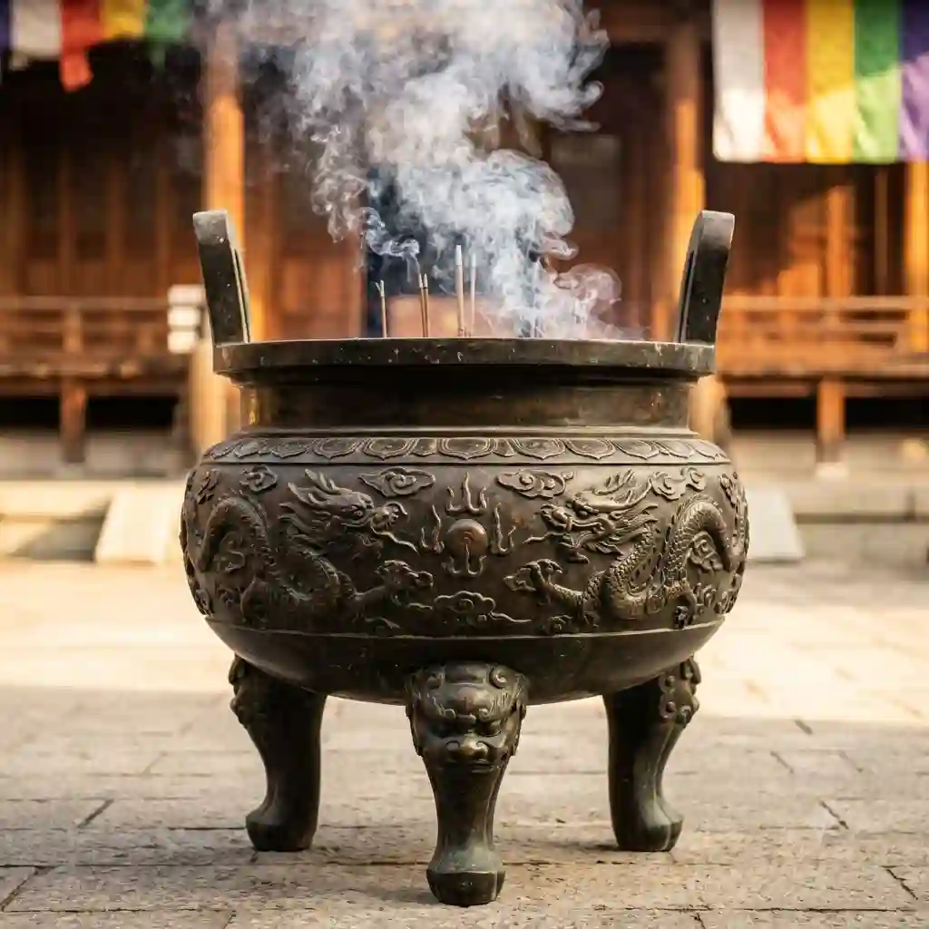 A traditional large incense burner made of ornate bronze stands prominently in an outdoor East Asian temple courtyard.