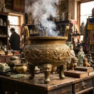 An ancient, intricately carved large incense burner made of polished brass displayed on a tabletop in an antique shop.