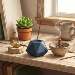 A sleek, matte black ceramic incense burner with clean geometric lines and cool incense holders style holding a burning incense stick.