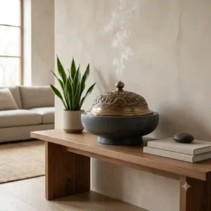 Minimalist living room decor featuring a large incense burner on a wooden console table next to a green indoor plant.