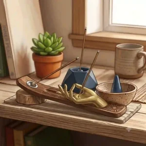 An antique brass incense burner, a great choice for cool incense holders, engraved with intricate floral patterns, throwing off subtle wisps of smoke.