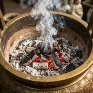 Close-up view of a large incense burner bowl filled with white ash and glowing charcoal releasing aromatic resin smoke.