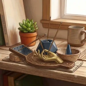 A relaxing yoga studio setup featuring cool incense holders on a stone tray next to meditation crystals.