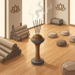 An elegant large incense burner holder placed on a yoga studio floor with smoke gently swirling during a wellness session.