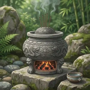 A heavy hand-carved grey stone large incense burner placed in a serene outdoor garden setting.