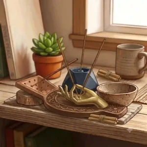 An artisan-crafted clay incense bowl, showcasing cool incense holders aesthetics with a unique speckled blue glaze catching falling ash.
