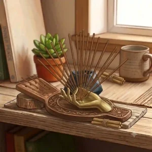 A long carved wooden ash catcher and cool incense holders resting on a bohemian style textured table runner.
