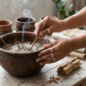 A person placing a stick of sandalwood into a handcrafted large incense burner pot made of rustic terracotta.